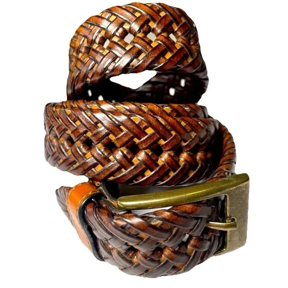Vintage Braided Woven Brown Genuine Leather Belt Brass Square Buckle Mens Sz 38