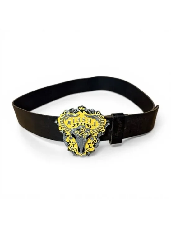 Vintage Y2K Diesel Leather Belt Size 34 Made in Italy Western Bull Skull