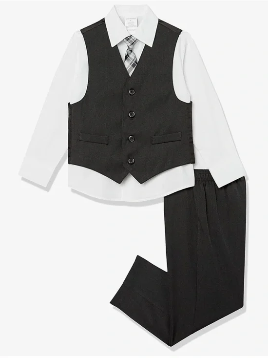 Van Heusen Black Vest and White Shirt Set with Gray Plaid Tie