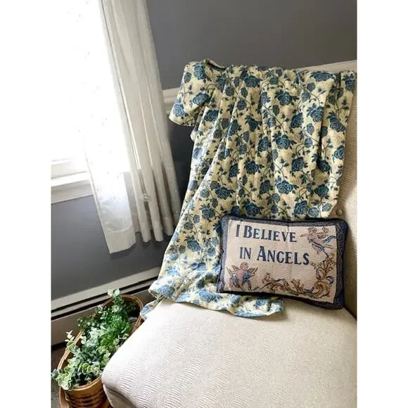 Vintage I Believe in Angels Tapestry Accent Pillow Blue Cherub Cottagecore Decor