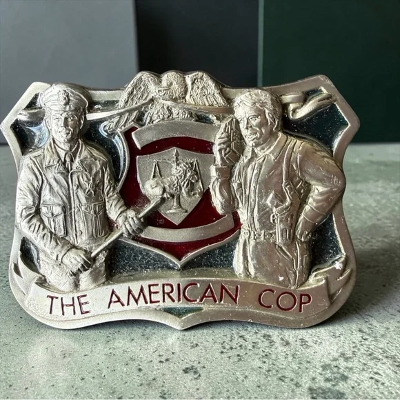 Buckles of America The American Cop Belt Buckle Silver Red Enamel Vintage