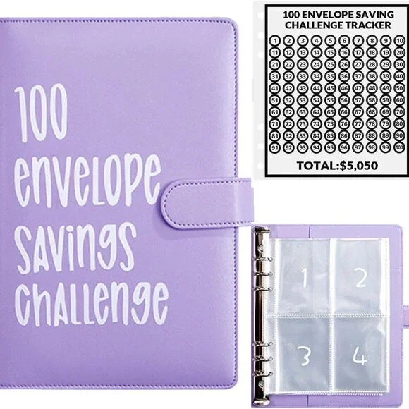 100 Envelope Money Savings Challenge Binder $5,500 (Purple)