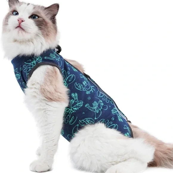 New Cat Surgery Recovery Suit Cat Onesie E-Collar Alternative Dark Blue - Med