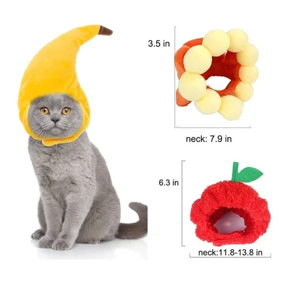 3-Piece Pet Hat Set for Cats & Small Dogs - Banana, Sunflower, and Apple Design