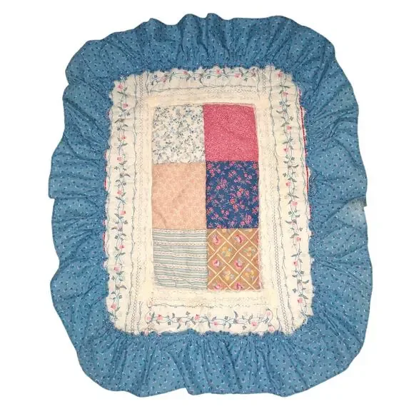 80's Vintage Quilted Floral Standard Pillow Sham Ruffles lace CottageCore