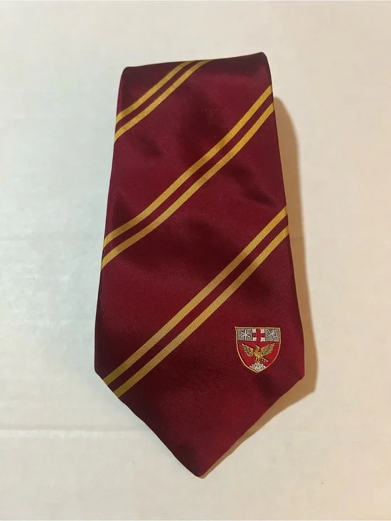 Vintage British School Crest Necktie Burgundy Gold Eagle Academic Uniform Tie
