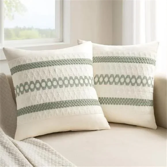 Set of 2 Sage Green Boho Decorative Pillow Covers 18x18 Inch Farmhouse