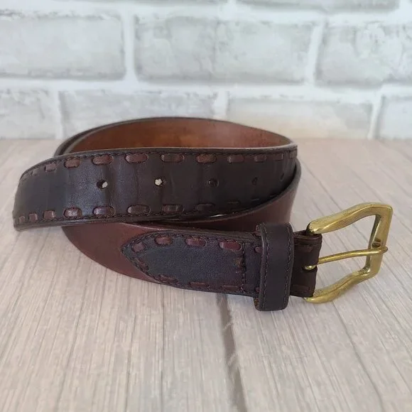 Vintage Cole Haan Brown Leather Belt Made in USA Brass Buckle Stitch Detailed