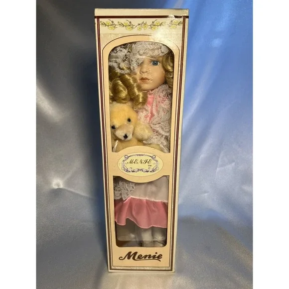 Menie Porcelain Doll with Pink Dress, Hat and Teddy Bear by Menie