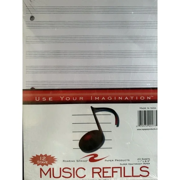 7 Packs of 20 Sheets Ea. Music Filler Paper 12 Stave H.D White 11