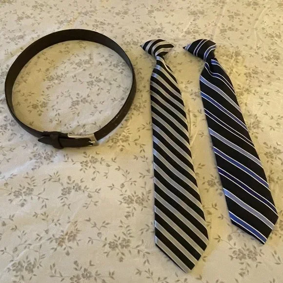 Lot of 1 Boy's Brown Belt and 2 Clip-On Ties (1 Silk, 1 Polyester)