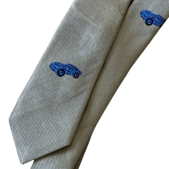 Crewcuts Boys Tie Necktie 42” Sz 2-7 Gray Blue Car Embroidered 100% Silk Kids