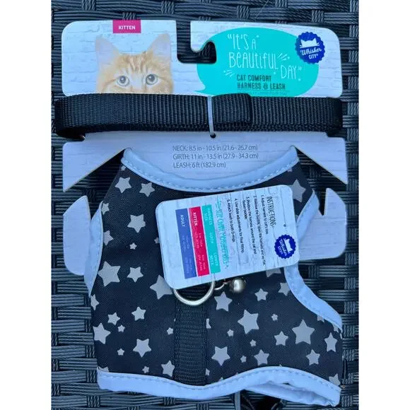 Whisker City Black and Silver Star Kitten Size Comfort Harness and Leash