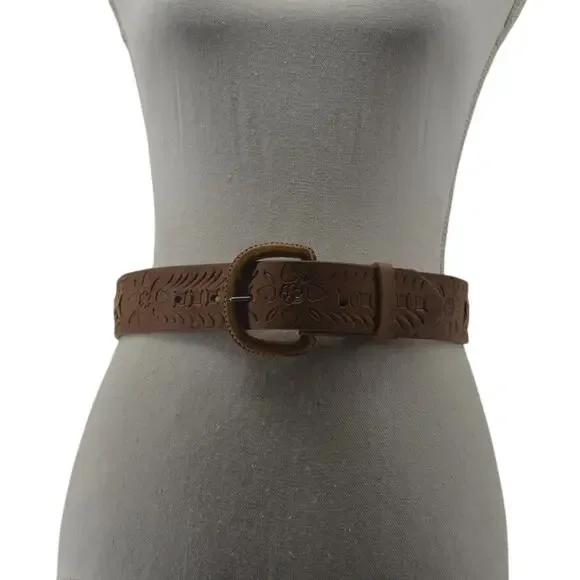 Western Leather Belt Tooled Stitched Brown Cowboy Size 28