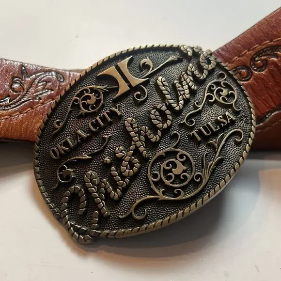 leather tooled belt with buckle hand stained latitan sz 36 western cowboy rodeo