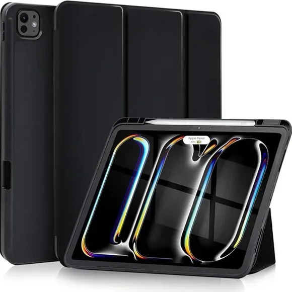 Black iPad Pro 13 Inch Case (2024 M4) with Pencil Holder & Trifold Stand