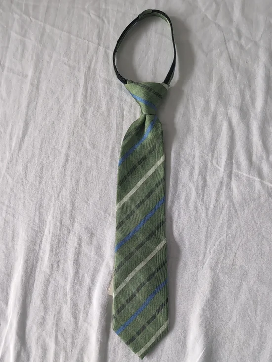 Chaps Green Striped Kids Tie with Blue and Gray Accents