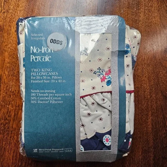 West Point Pepperell‎ Two King Pillowcases No Iron Percale Floral Blue Pink