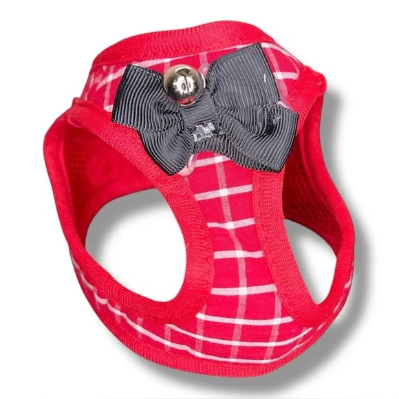 Small Cat Harness Red White Plaid Black Bow For Leash Walking