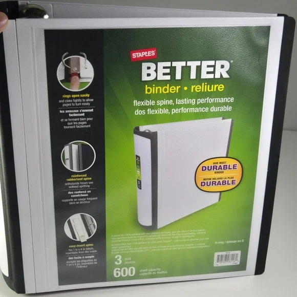 Staples Better Binder 3 Inch Ring White Black Flexible Spine 600 Sheet Capacity