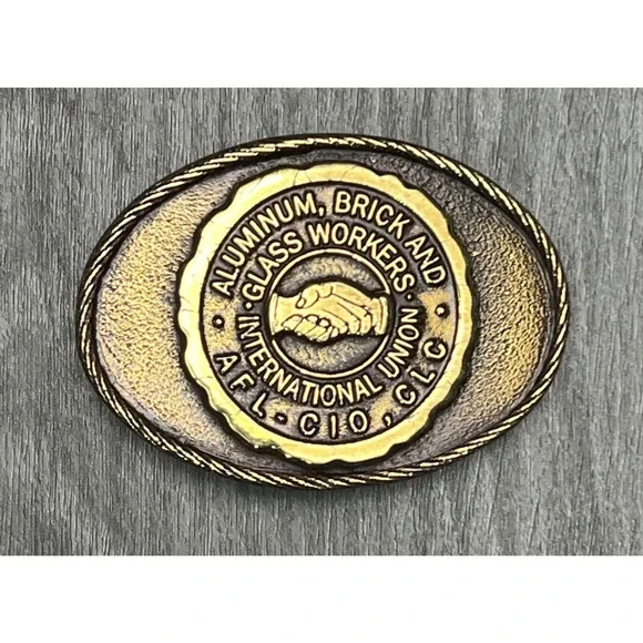 Vintage Aluminum Brick Glass Workers Union Belt‎ Buckle Gold Tone USA AFL CIO