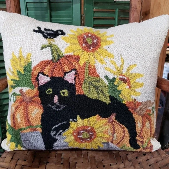 Mary‎ Lake Thompson Black Cat Sunflowers Pumpkins Wool Hooked Pillow 16x18