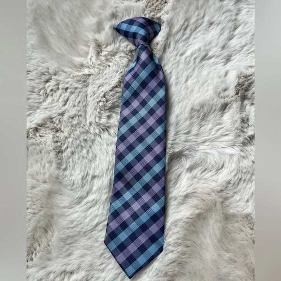 Young boy clip on tie. Purple and blue plaid.