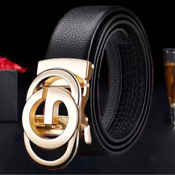 Men's Black Vegan Leather Belt with Gold Buckle 52”