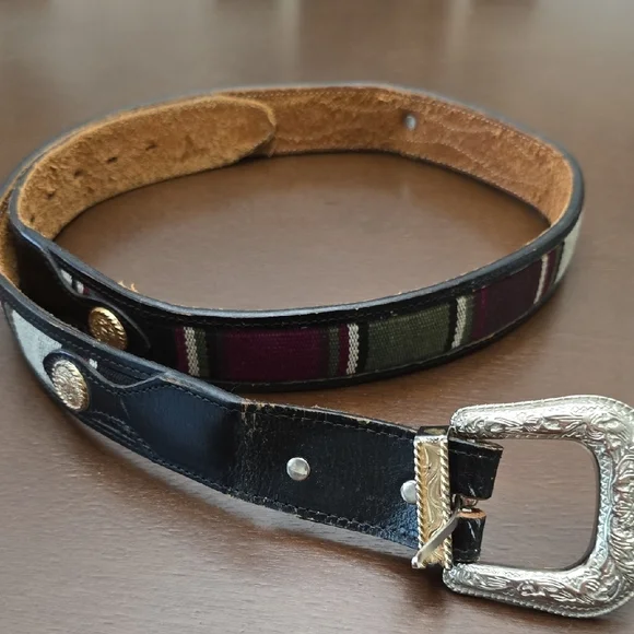 WESTERN Striped‎ Leather Belt with Silver Buckle 44