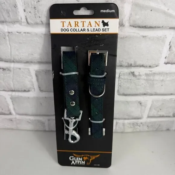 Glen Appin Green Blue Tartan Dog Collar & Lead Set NWT Size M