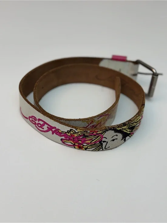 Vintage Y2K Ed Hardy Leather Embroidered Japanese Graphic Belt, Size Small