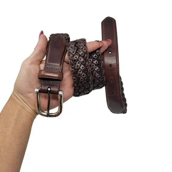 Vtg Brighton Mens Braided‎ Leather Belt 36 Brown Silver Buckle Weaved Country