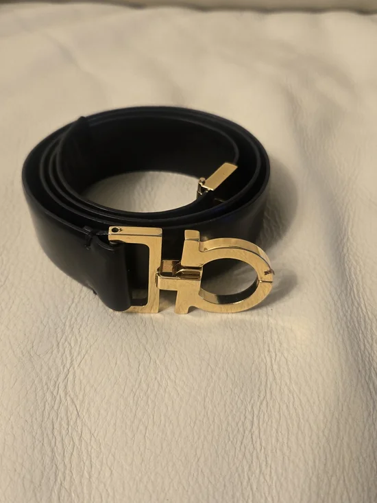 Unisex Black Leather Belt with Gold Double-Loop Buckle