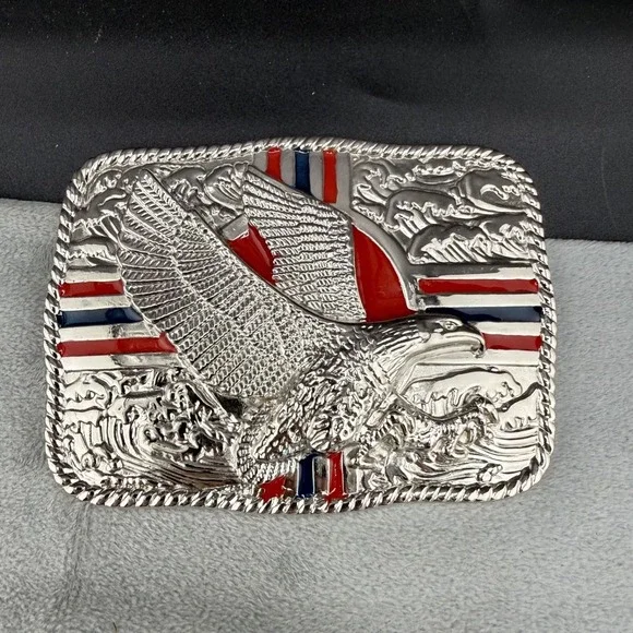 Vintage Buckle Silver Tone Eagle Hawk Enamel Patriotic‎