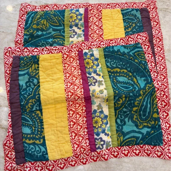 Anthropologie‎ Quilted Cotton Pillow Shams Pair 20x26 Patchwork Boho
