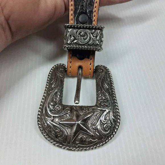 Justin Mens Black Tan Tooled Leather Western Star Belt 50 Inch C11063 Size 44