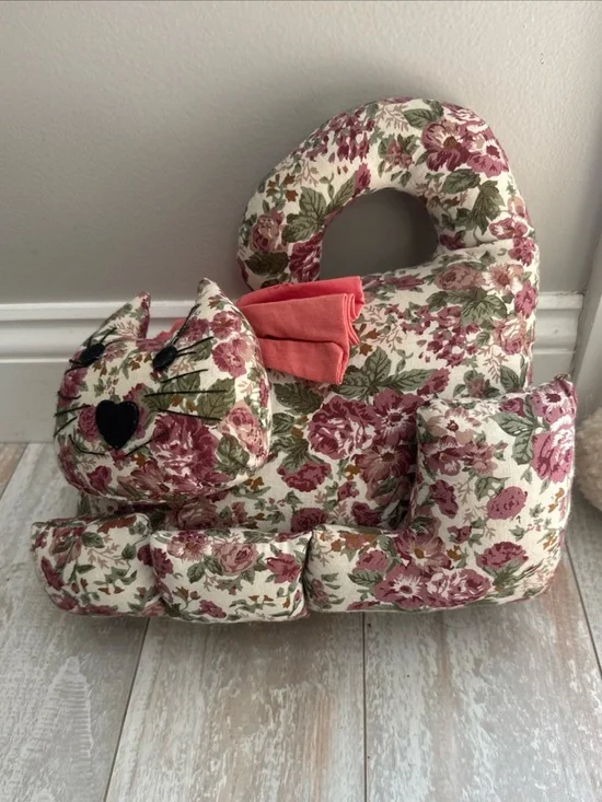 Vintage weighted plush cat shelf sitter pillow country cottage core floral