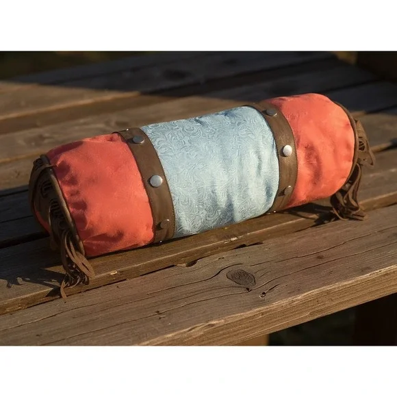 Boho Western Suede Fringe Bolster Pillow Coral‎ Blue Embossed Accent King Size