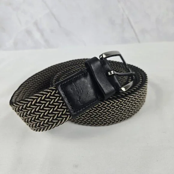 Tommy Bahama L/XL Braided Woven Belt Leather Tab Ends Brown Khaki Silver Buckle
