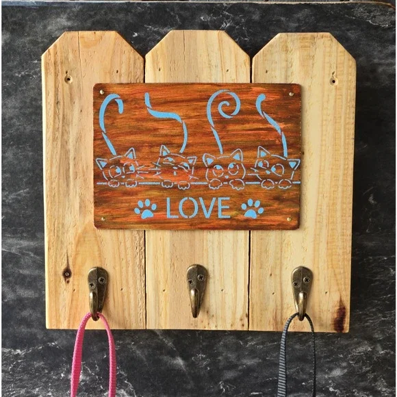 Cat Leash / Key Holder, Rustic, 3 Metal Hooks, Handmade, Solid Wood, 4 Cat Lover