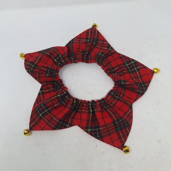 Red Plaid Star Hair Scrunchie with Bells