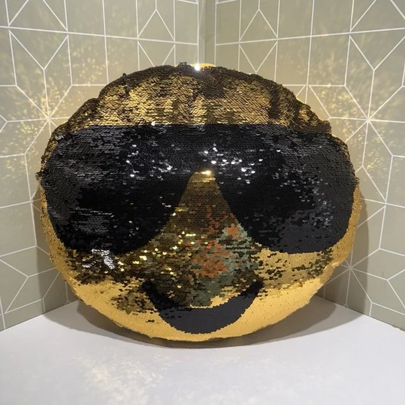 Flipping Reversible Sequin Smiley Face Pillow Yellow & Black‎ Reversible