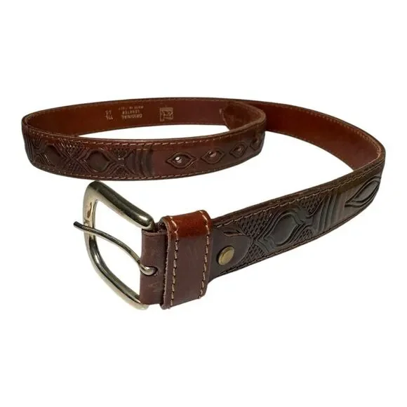 Vintage 5th Avenue Embossed Pattern‎ Brown Leather Belt Brass Buckle Men’s 38