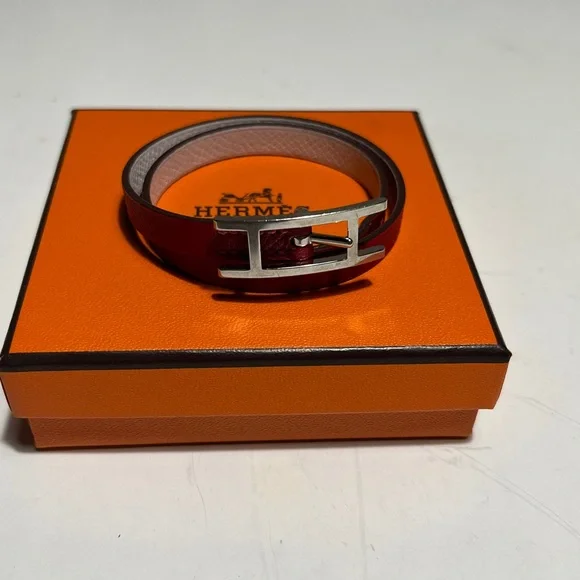 Hermes Burgundy Leather Belt with Silver Buckle
