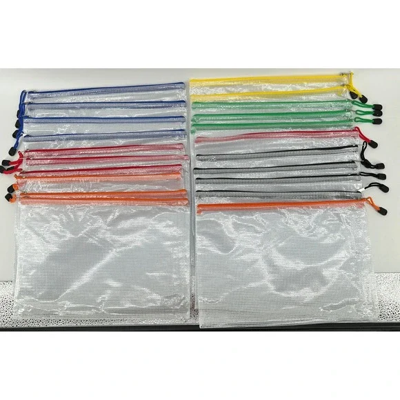 21pc Mesh Zipper Pouch Set Clear PVC Document Bags Travel Storage Organizer NWOT