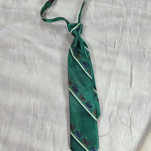 The Children's Place Boys Green Train Steam Engine Stripe Clip On Necktie Tie