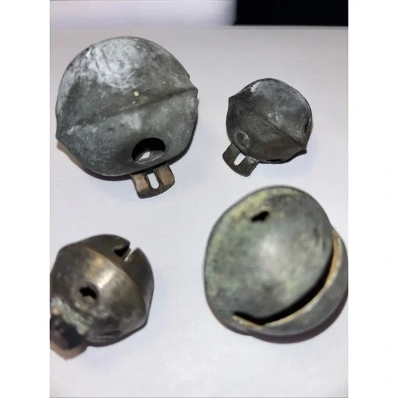 (4) vintage brass petal sleigh‎ bells Shank mount, Not marked. 3778