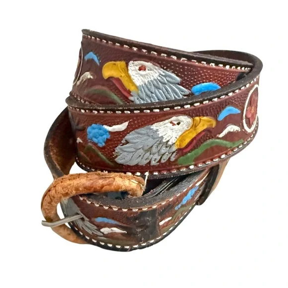 Vintage Tooled + Painted Leather Men’s Eagle and Sky Motif Belt / Mexico