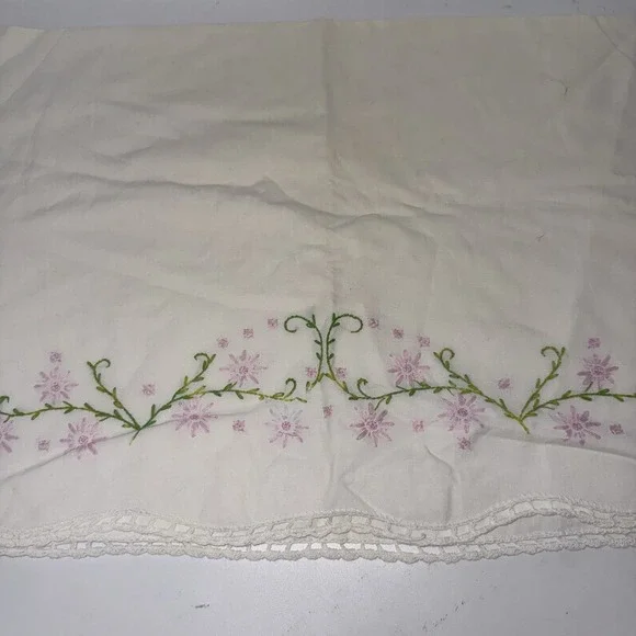 Vintage white pillowcase w/ pink floral embroidery & hand-crocheted lace edge