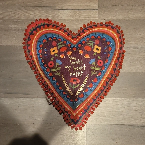 Natural Life Heart-Shaped Embroidered Pillow with Colorful Design